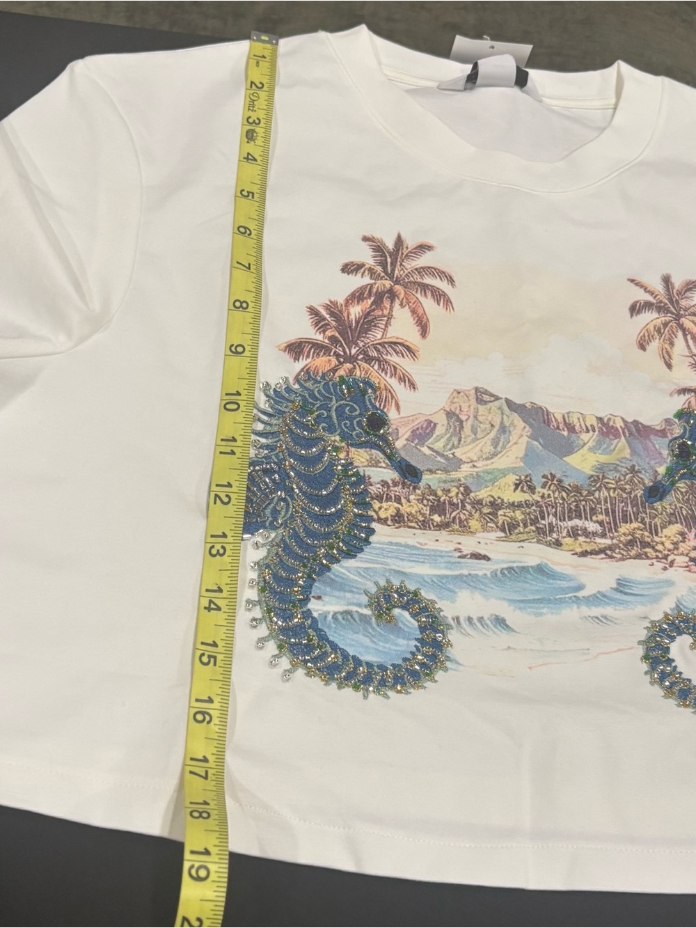 H&M Edition Size L Embellished Cropped T-Shirt(white/seahorses) NWT - Picture 10 of 10